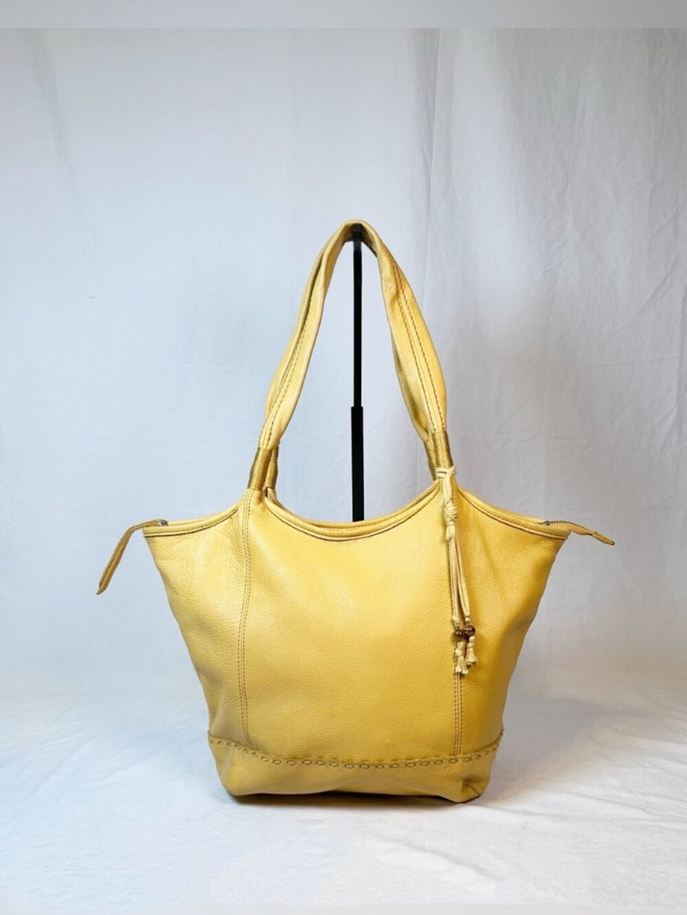 The Sak Mustard Yellow Pebbled Leather Boho Whipstitch Tassel Hobo Shoulder Bag